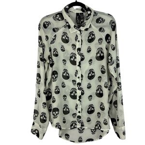 Fun & Flirt Sheer White Black Bold Skull Print Button Down Large Blouse